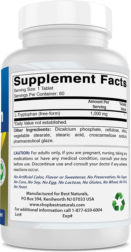 Best Naturals L-Tryptophan 1000 mg 60 Tablets