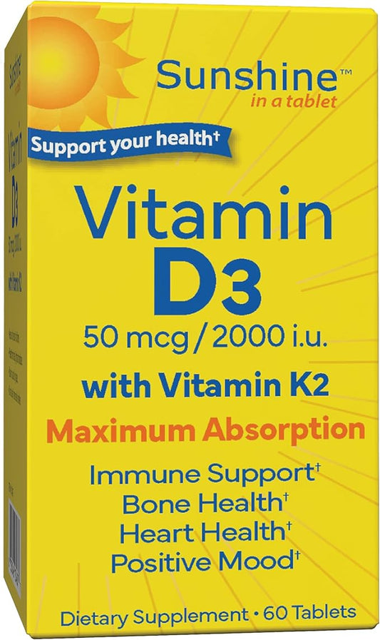 Vitamin D3 with Vitamin K2, D3 2000 IU with K2 100 mcg for Healthy Muscle Function, Bone Health and Immune Support, Vitamin D3 K2, 60 Tablets