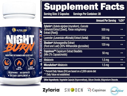 ALPHA LION Night Burn, Metabolism Booster for Weight Loss, Less Body Fat, More Muscle, Promotes Lean Body, Calorie Burning Supplement, Relax Better, Promote Healthy Cortisol (60 Capsules)