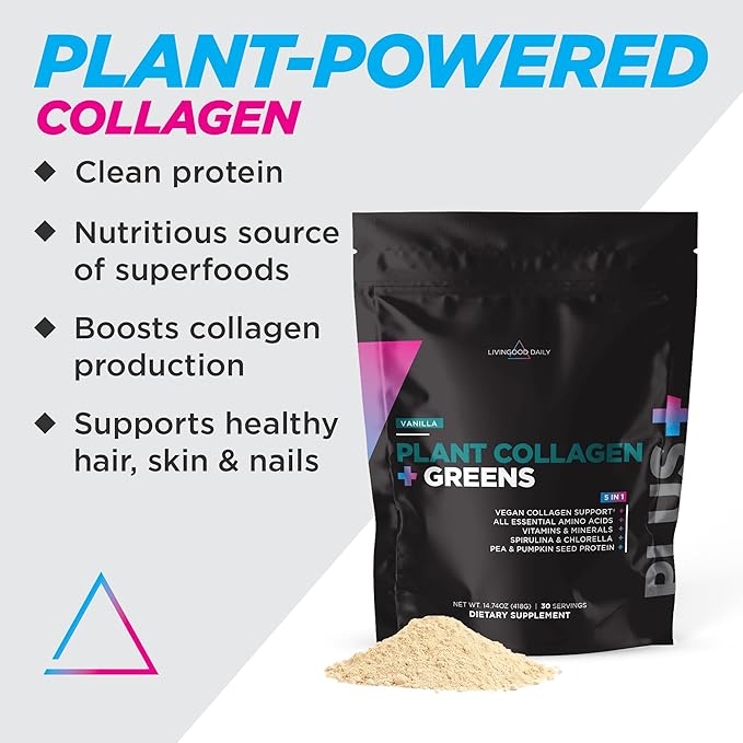 Livingood Daily Plant Collagen Powder (Vanilla) - Collagen Protein Powder with Vitamin C, Spirulina & Amino Acids for Healthy Hair, Skin & Nails - Energy & Muscle Growth Formula - Vegan, 30 Servings
