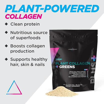 Livingood Daily Plant Collagen Powder (Vanilla) - Collagen Protein Powder with Vitamin C, Spirulina & Amino Acids for Healthy Hair, Skin & Nails - Energy & Muscle Growth Formula - Vegan, 30 Servings