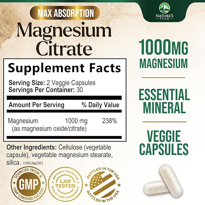 Magnesium Citrate Extra Strength 1000 mg - High Absorption Magnesium Supplement for Muscle, Bone, Nerve & Heart Health Support, Magnesio Vitamin Pills, Non-GMO, Nature's Premium Formula - 60 Capsules