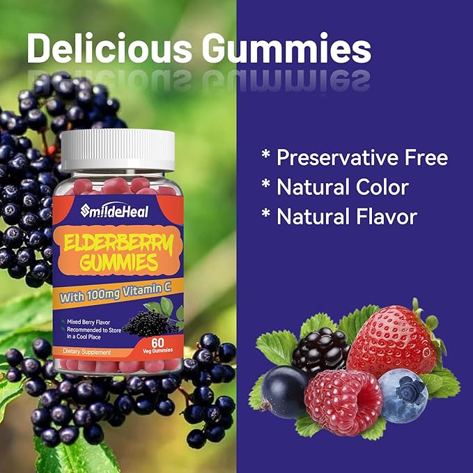 Elderberry Gummies, Elderberry Extract 300mg, with Vitamin C and Zinc, Strawberry Flavor Gummies, Non-GMOs, Gluten Free, Vegan-Friendly, Immune Support, 60 Count