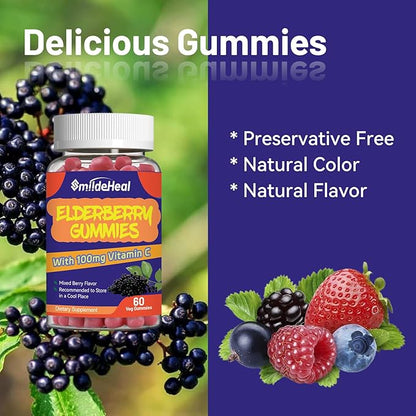 Elderberry Gummies, Elderberry Extract 300mg, with Vitamin C and Zinc, Strawberry Flavor Gummies, Non-GMOs, Gluten Free, Vegan-Friendly, Immune Support, 60 Count