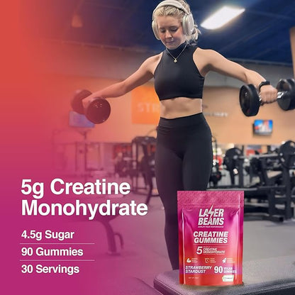 Creatine Monohydrate Gummies - 5g Creapure Creatine per Serving - Vegan, Strawberry Stardust Flavor - Boost Muscle Strength, Endurance, Recovery & Mental Focus - 90 Gummies, Gluten-Free