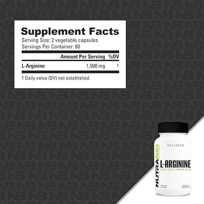 NutraBio L-Arginine Supplement, 750mg – Nitric Oxide Precursor, Supports Blood Flow, Vascular Health, and Muscle Growth- L Arginine Supplements for Men and Women- 120 Capsules