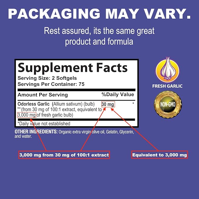 NaturaLife Labs A Higher Standard Odorless Garlic 3000 mg per Serving Immune System Support - 150 Soft gels