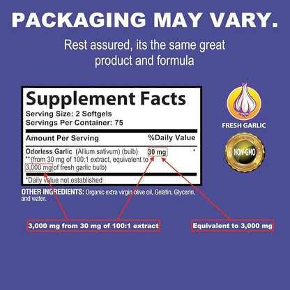 NaturaLife Labs A Higher Standard Odorless Garlic 3000 mg per Serving Immune System Support - 150 Soft gels