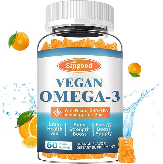 Omega-3 Gummies Potent Algae Omega Source, Boost Brain, Eye & Immune Function, with DHA and EPA Vegan & Sugar Free, Orange Flavor, 60 Count