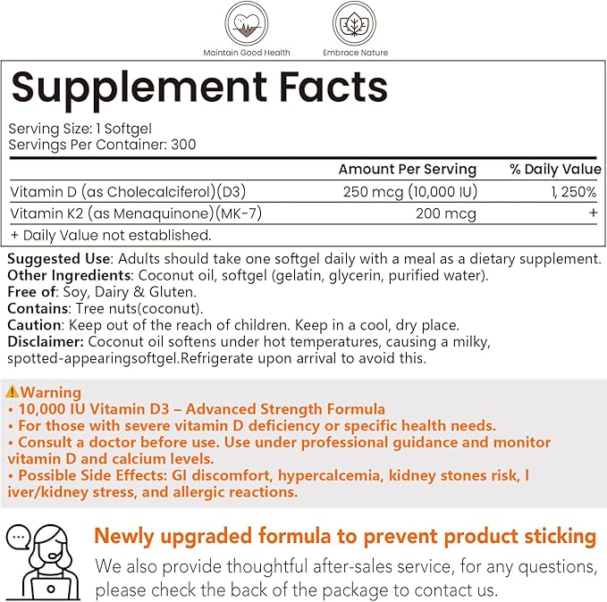 VEV Vitamin D3 Con K2 10000 IU, 300 Virgin Coconut Oil Softgels, 2 in 1 Vitamins Supplement D & K (Include MK7), Easy to Swallow, Supports Calcium Absorption, Bone Health(Packaging May Vary)