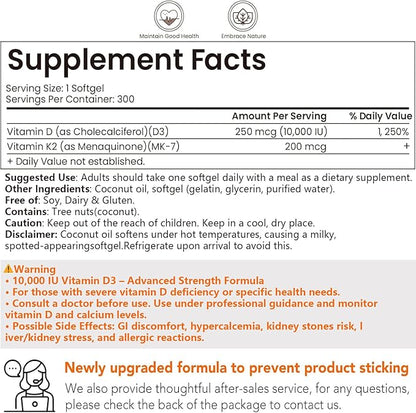 VEV Vitamin D3 Con K2 10000 IU, 300 Virgin Coconut Oil Softgels, 2 in 1 Vitamins Supplement D & K (Include MK7), Easy to Swallow, Supports Calcium Absorption, Bone Health(Packaging May Vary)