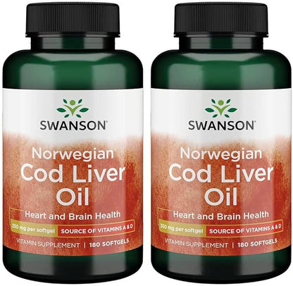 Swanson Cod Liver Oil - Wellness Supplement Promoting Bone, Skin Health, Vision Support & Immune System Function w/High Absorption Vitamin A - (180 Softgels, 350mg Each) 2 Pack