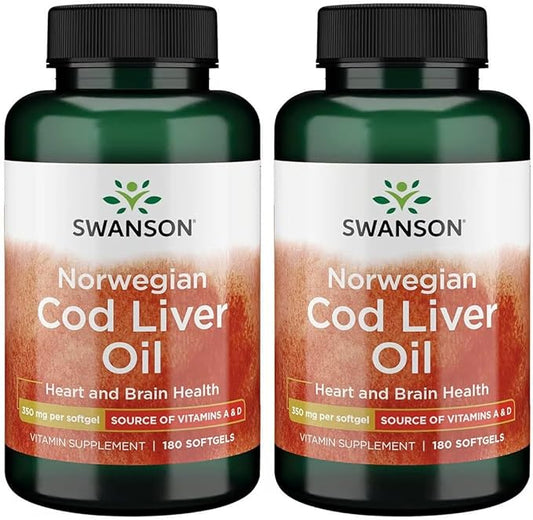 Swanson Cod Liver Oil - Wellness Supplement Promoting Bone, Skin Health, Vision Support & Immune System Function w/High Absorption Vitamin A - (180 Softgels, 350mg Each) 2 Pack