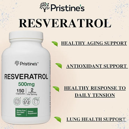 PRISTINE'S Resveratrol 500MG 75 Day Supply Anti Aging Antioxidant & Heart Health Supplement Capsules - Brain & Lung Health Benefits