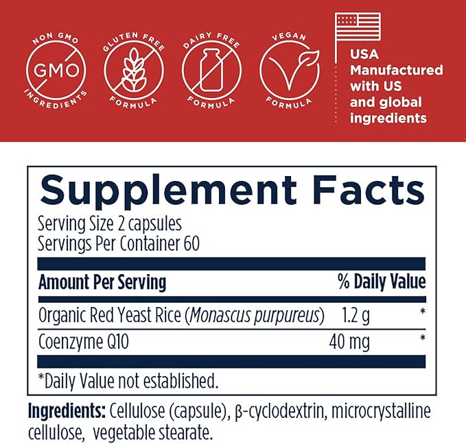 Designs for Health RYR Synergy - Red Yeast Rice Supplement - 1200mg Red Yeast Rice + CoQ10 to Support Cardiovascular Health + Maintenance of Lipid Levels in Normal Range (120 Capsules)