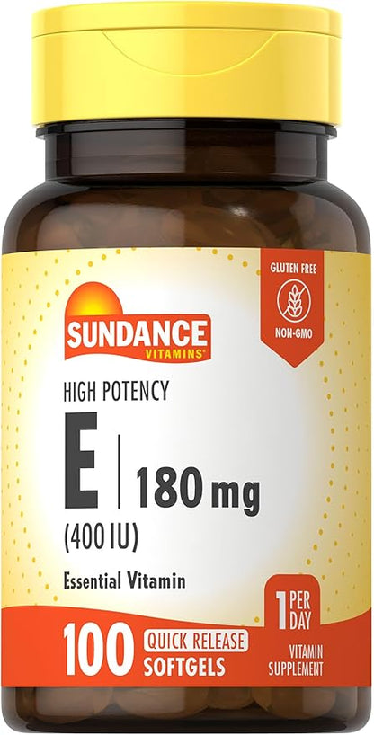 Sundance Vitamin E 180mg (400 IU) | 100 Quick Release Softgels | High Potency Formula | Non-GMO and Gluten Free Supplement