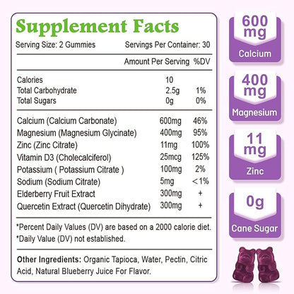 High Absorption Calcium Gummies, Calcium Magnesium Zinc with Magnesium Glycinate, Potassium, Vitamin D3 for Women & Men- Blueberry Flavor 120 Cts