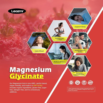 Magnesium Glycinate Gummies 1000mg - Sugar Free Magnesium Potassium Supplement with Vitamin D, B6, CoQ10 for Calm Mood & Sleep Support - 60 Strawberry Gummies
