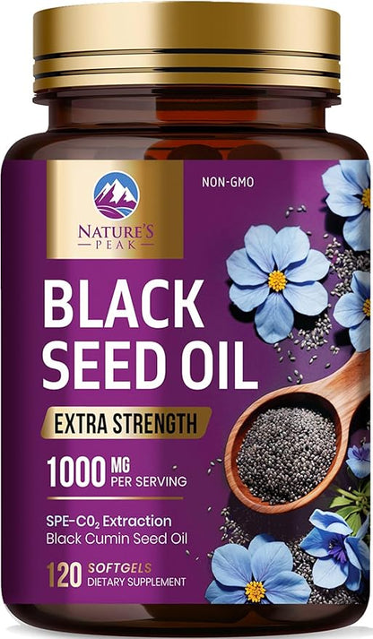Black Seed Oil 1000mg - Premium Extra Strength Nigella Sativa Blackseed Oil - Black Cumin Seed Oil Skin, Digestive Health & Immune Support - Non-GMO Antioxidant, Gluten Free Supplement - 120 Softgels