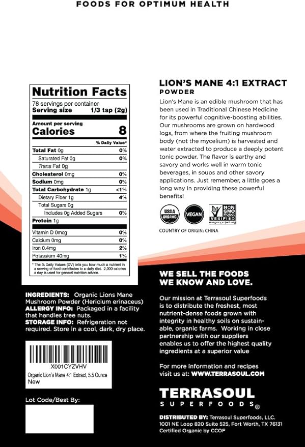Terrasoul Superfoods Organic Lion's Mane Mushroom Powder (4:1 Extract), 5.5 Ounces