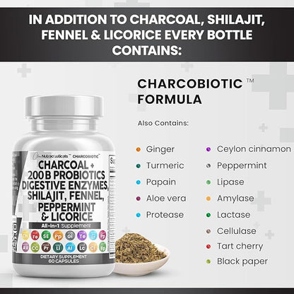 Clean Nutra Activated Charcoal Capsules Shilajit 5000mg Pills Probiotic 200 Billion + Digestive Enzymes for Digestive Health with Peppermint Fennel Licorice Papain Ginger Turmeric | Gut Health