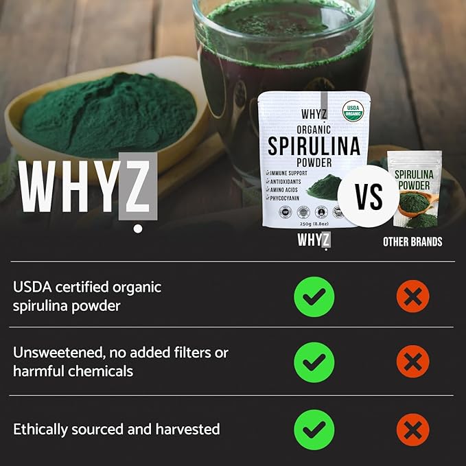 WHYZ Organic Spirulina Powder, 250g, Protein-Rich Spirulina Supplement, Organic Superfood for Immune Support, Green Spirulina Powder Organic Non GMO for Smoothies & Recipes