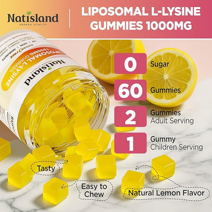 Liposomal L-Lysine Gummies 1000mg, Lysine Chewable Supplements for Kids & Adults, Lysine with Zinc & Vitamins, Lips & Oral Health, Immune Support, Sugar-Free, Lemon Flavor, 60 Ct