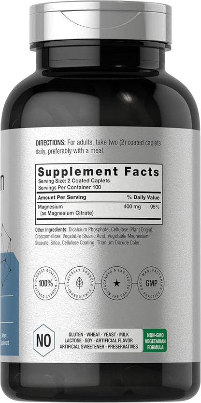 Horbäach Magnesium Citrate | 400mg | 200 Caplets | Vegetarian, Non-GMO, and Gluten Free Supplement