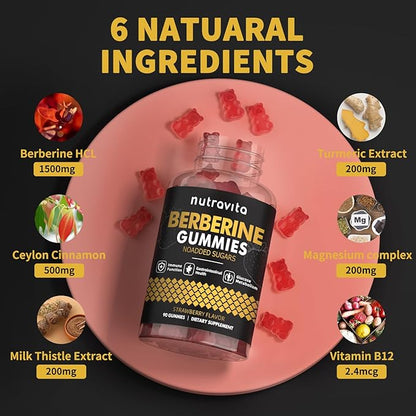Berberine Gummies with Ceylon Cinnamon 1500mg High Potency Berberine HCL Supplement for Immune and Metabolism Support, Sugar Free Organic Berberine Gummies Strawberry Flavor-1PACK