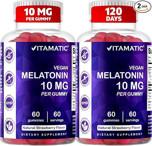 Vitamatic Melatonin 10 mg Vegetarian Gummies – Non-Habit Forming – 60 Gummies per Bottle – 2-Pack (Total 120 Vegan Gummies)