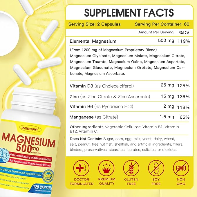ZEBORA Magnesium Complex Supplement 500mg, 10 in 1 Chelated Magnesium - Magnesium Glycinate, Citrate, Malate, Plus More, with Vitamin D3 & Zinc for Nerve, Muscle & Bone Support, Vegan 99 Capsules