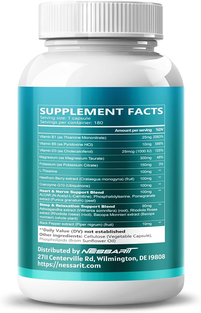 Magnesium Taurate, Potassium, L-Theanine, Hawthorn Berry & CoQ10 – Support Heart, Nerve & Sleep Health – 180 Capsules – Made in USA