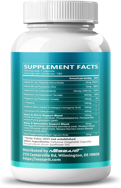 Magnesium Taurate, Potassium, L-Theanine, Hawthorn Berry & CoQ10 – Support Heart, Nerve & Sleep Health – 180 Capsules – Made in USA