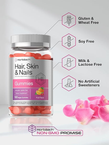 Horbäach Hair Skin and Nails Gummies | 100 Count | with Biotin | Fruit Flavored Vitamins | Non-GMO, Gluten Free Supplement