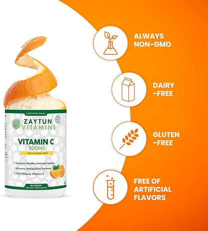 Halal Vitamin C 500mg Tablets with Rose HIPS Supports Immune System, Natural Antioxidant with Citrus Bioflavonoids - Vegan - Gluten-Free - 2 Months Supply - Halal Vitamins