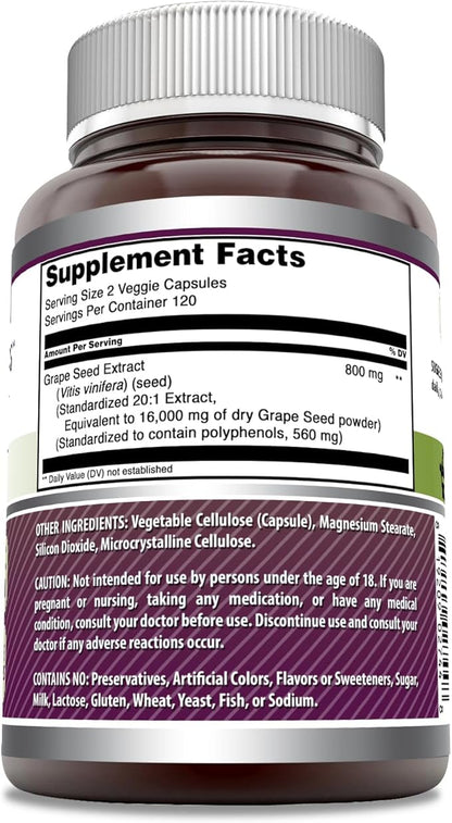 Amazing Formulas Grape Seed 800 Mg Extract (20:1) | 16000 Mg Equivalent | Veggie Capsules | Non-GMO | Gluten-Free | Made in USA (240 Count)