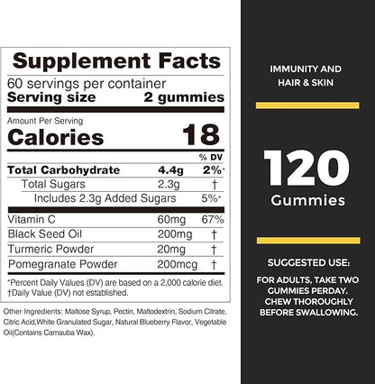 Nature's Key Black Seed Oil Gummies,Support Immunity, Joints, Digestion, Hair & Skin | Cold-Pressed, with 200mg Nigella Sativa Seed Oil, Vitamin C, Ginger, Pomegranate (Blueberry Flavor 120 Count)