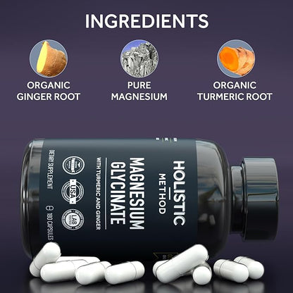 Magnesium Glycinate Capsules with Organic Turmeric and Ginger - 180 Vegan Capsules for Sleep, Relaxation, Muscle Cramps and Immune Support