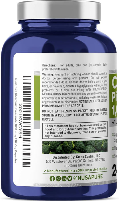 NusaPure Chromium Picolinate 1000mcg 240 Veggie Capsules (Non-GMO, Gluten Free)