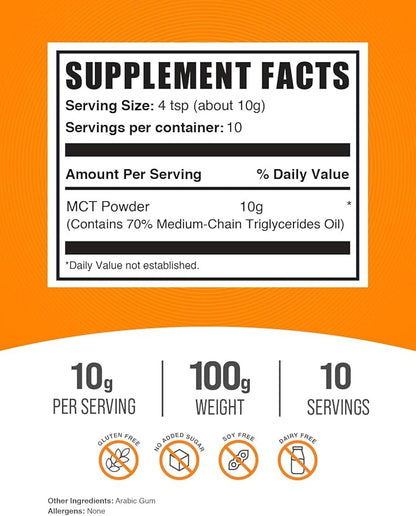 BulkSupplements.com MCT Powder - Medium Chain Triglycerides, from MCT Coconut Oil, MCT Oil Powder - MCT Supplement for Energy - Gluten Free, 10g per Serving, 100g (3.5 oz) (Pack of 1)