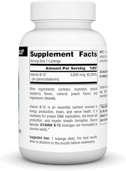Source Naturals Vitamin B-12, Supports Energy Production, 2000 mcg - 200 Vegetarian Lozenges