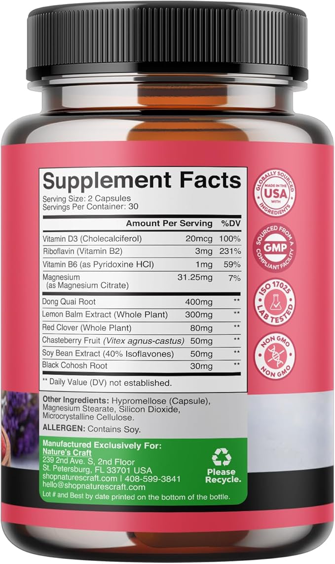 Complete Herbal Menopause Supplement for Women - Female Hormone Balance Capsules for Night Sweats, Hot Flashes & Mood Swings with Dong Quai, Chaste Berry & Black Cohosh Root - 60 Count Pack