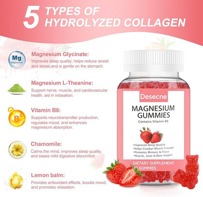 Magnesium Glycinate Gummies for Adults Kids with Vitamin B6, Strawberry Flavor Calm Magnesium Supplement, Magnesium Citrate for Sleep, 60 Gummies per Bottle