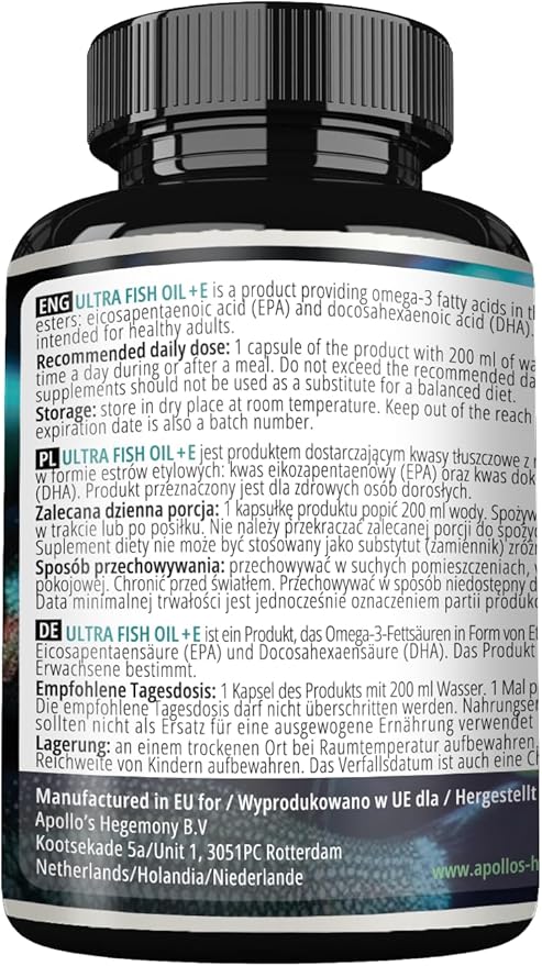 APOLLO'S HEGEMONY Ultra Fish Oil 1000mg with Vitamin E, 180 Softgel Capsules, High Strength Omega 3 with 500mg EPA and 250mg DHA, 6 Months Supply, Fatty Acids (EFAs)