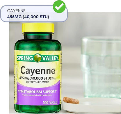 Spring Valley Cayenne Capsules 455 mg (Cayenne Fruit - 40,000 STU), Dietary Supplement, Herbal Support, 100 Count (Pack of 1)