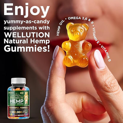 WELLUTION Hemp Gummies – High Potency 1,500,000 MCG – Natural Fruity Bear for Relaxation and Peace - Fast-Acting - 60ct