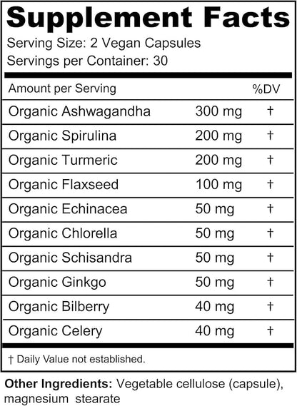 Ashwagandha Advantage, USDA Organic Blend for Stress Relief, Mood & Adrenal Support. Made with Ashwagandha, Turmeric, Spirulina, and More- 60 Capsules Pure Non-GMO Vegan Supplement