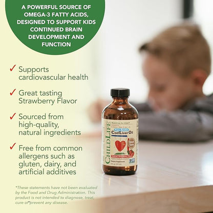 CHILDLIFE Essentials Cod Liver Oil for Kids - Liquid, Arctic Cod Liver Oil for Babies 6+ Months, Toddlers, & Children, Added DHA, EPA, Omega-3 Fatty Acids - Strawberry, 8 fl oz