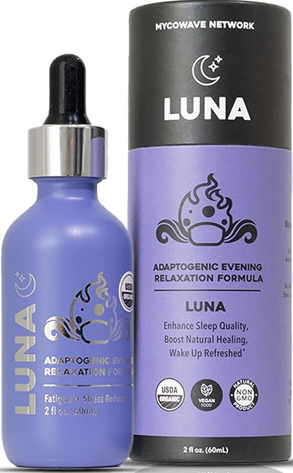 Luna 100% Organic Liquid Mushroom Tincture | for Sleep Quality, Boost Natural Healing | Recovery Enhancing PM Formula | Fruiting Body Extract | 4-in-1 Lion's Mane, Chaga, Maitake, Reishi | 60mI