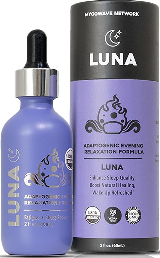 Luna 100% Organic Liquid Mushroom Tincture | for Sleep Quality, Boost Natural Healing | Recovery Enhancing PM Formula | Fruiting Body Extract | 4-in-1 Lion's Mane, Chaga, Maitake, Reishi | 60mI